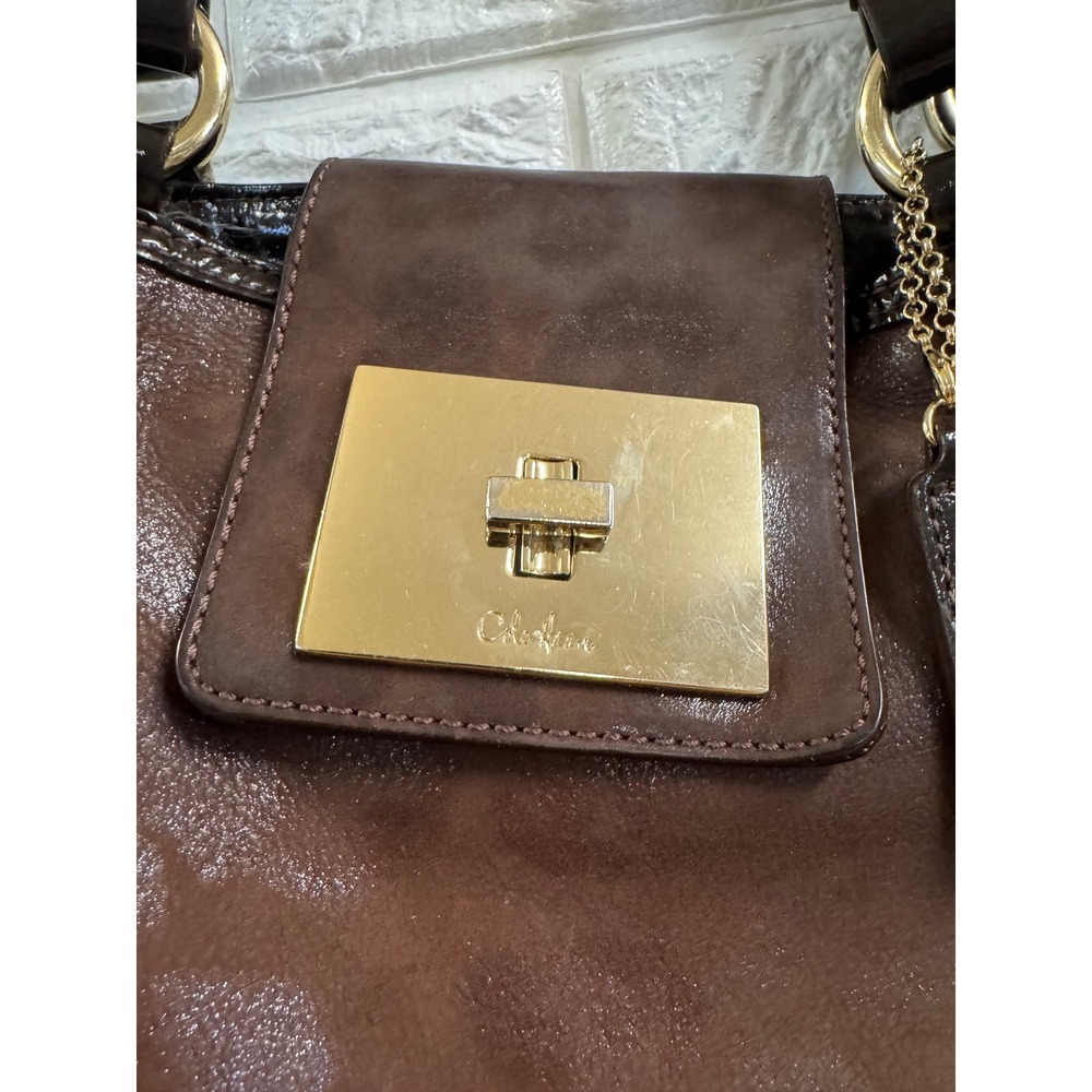Cole Haan Brown Leather Hobo Bag Patent Trim Crossbody Shoulder Handbag GoldTone - Picture 2 of 8